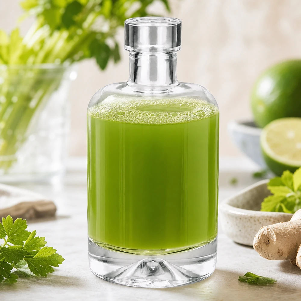 Bouteille en verre Amelie de 50 ml remplie d'extrait d'herbes vertes à côté d'herbes fraîches et de citron vert montre l'application de cosmétique naturelle
