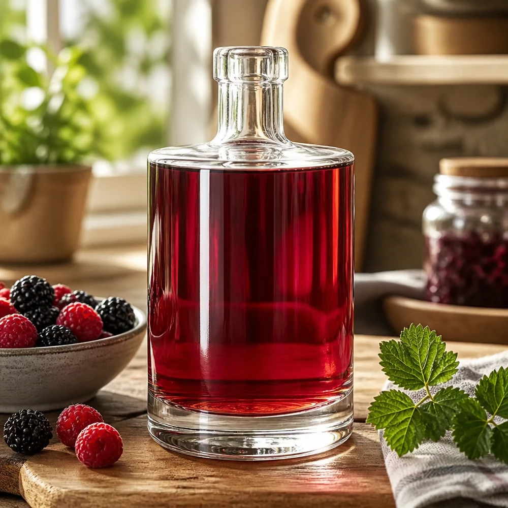 Bouteille en verre 500 ml « Marie » sans bouchon UNiTWIST® 500ml Glasflasche Marie gefüllt mit rotem Beerenlikör umgeben von frischen Himbeeren und Brombeeren als Dekoidee