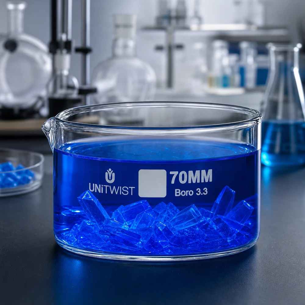 UNiTWIST Cuve de cristallisation ø 70 mm Boro 3.3, verre de laboratoire résistant aux produits chimiques, avec bec verseur
