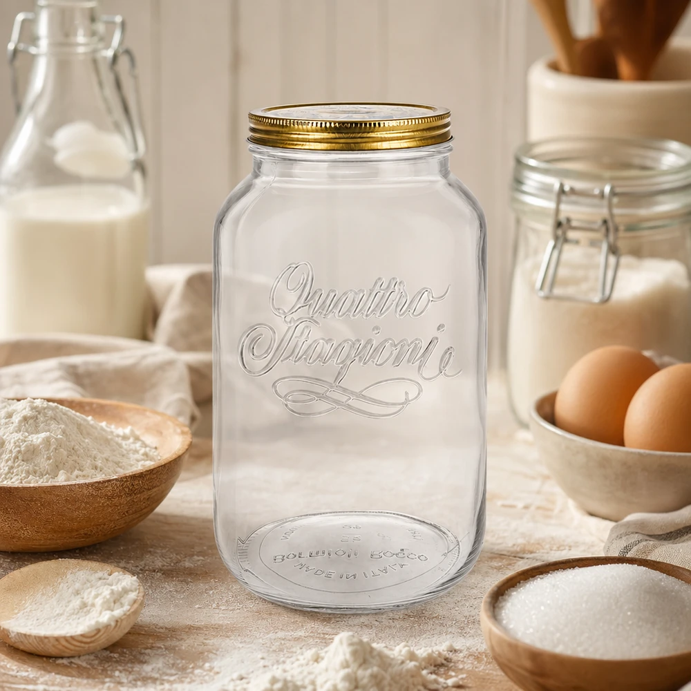 Quattro Stagioni 3800ml bocal rond dans une cuisine rustique entouré d'ingrédients de boulangerie farine œufs et lait bocal de stockage