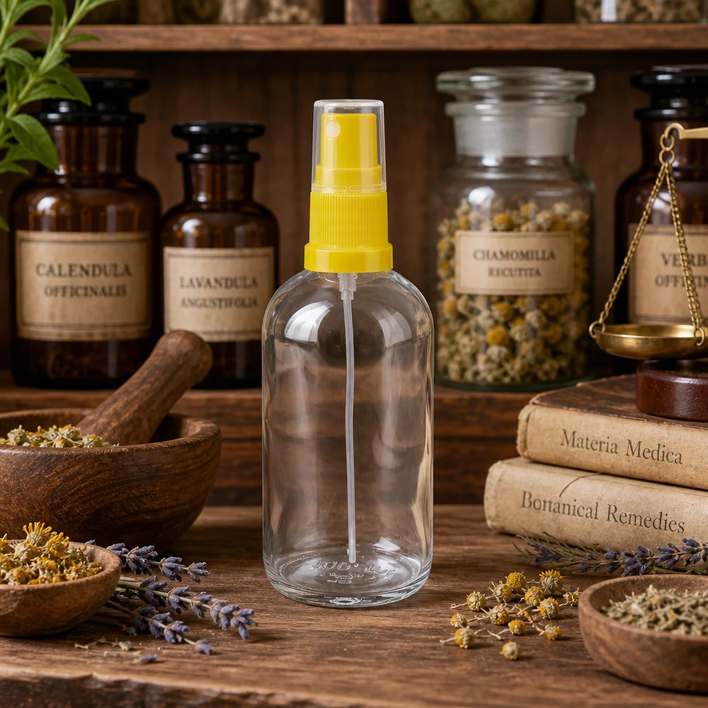 Vaporisateur 100ml jaune/tr. STD ClearLine UT18/100 Flacon pulvérisateur ClearLine UT18 de 100 ml avec diffuseur jaune, posé entre des bocaux d'herbes aromatiques et des livres de médecine naturelle