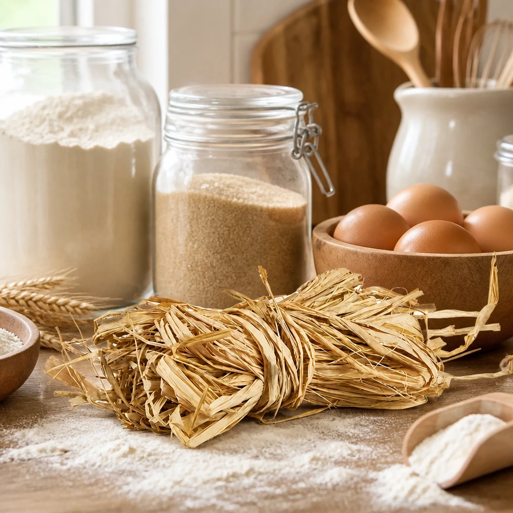 Le raphia naturel 30g beige doré comme aide culinaire pour les paquets de pâtes en plus des œufs et de la farine montre une utilisation traditionnelle