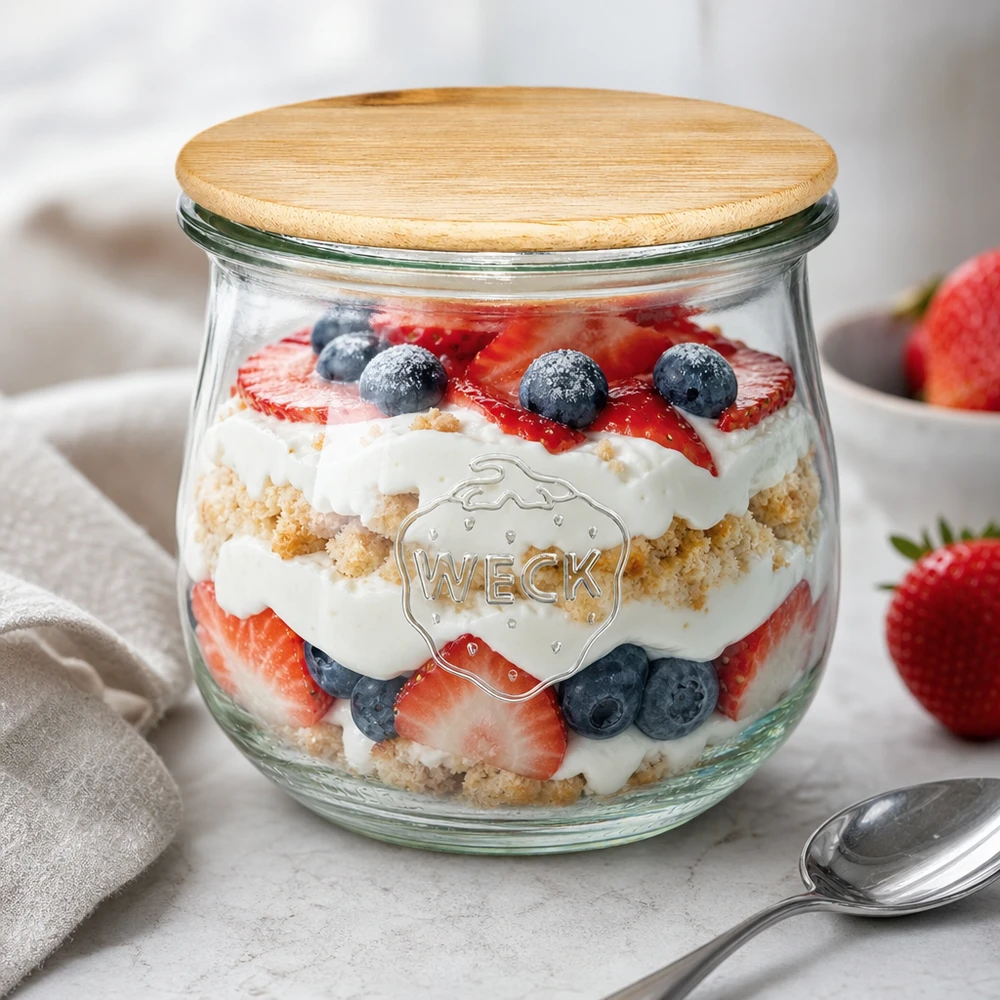 370ml bocal tulipe WECK RR80 avec couvercle en bois WECK Pot tulipe 370ml RR80 avec couvercle en bois comme verre à dessert rempli de trifle de baies et de crème sur une surface blanche