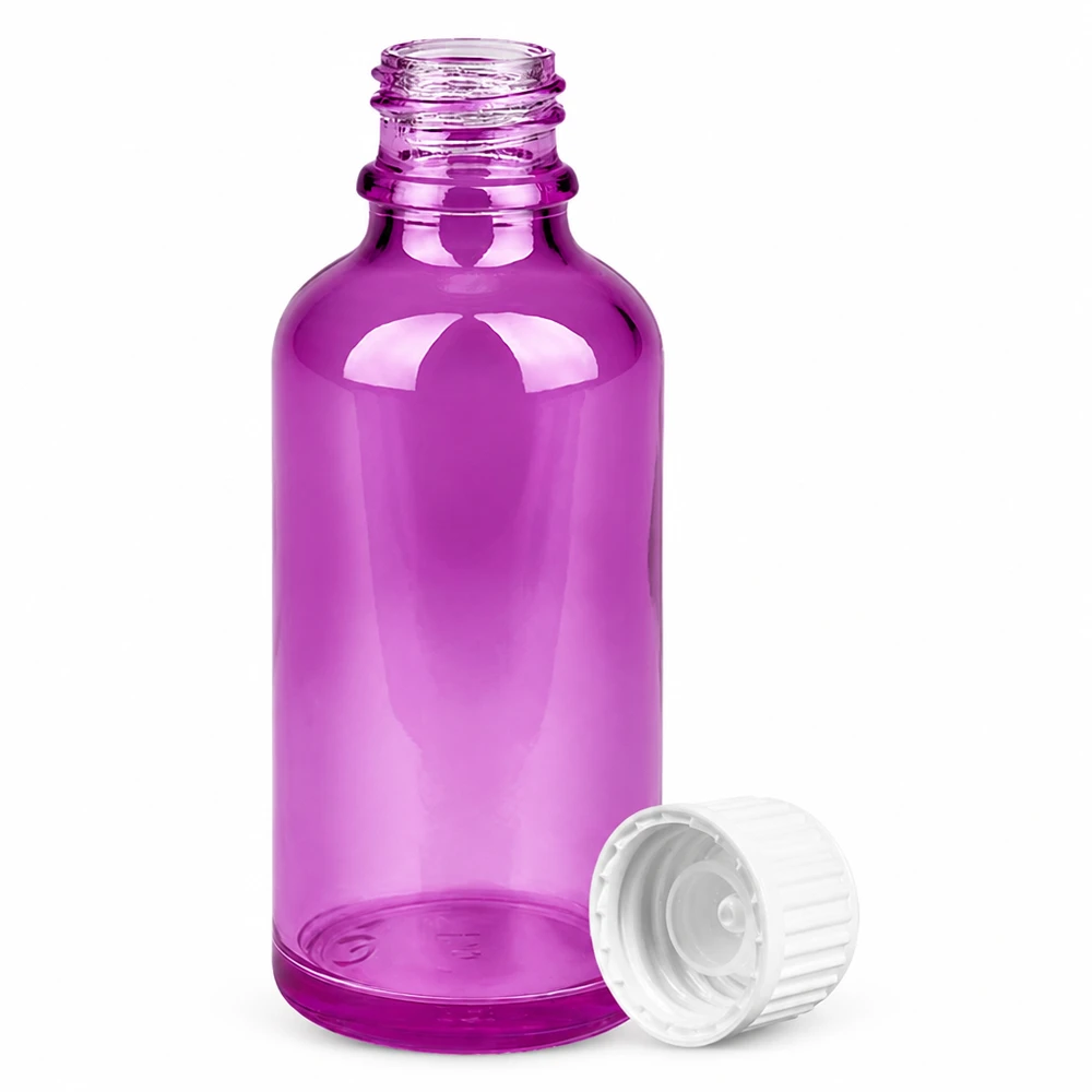 Flacon 50ml (globules) 3mm bague de coulée blanche standard PurpleLine. UT18/50 Flacon rond en verre violet de 50ml idéal pour les cosmétiques naturels et les teintures