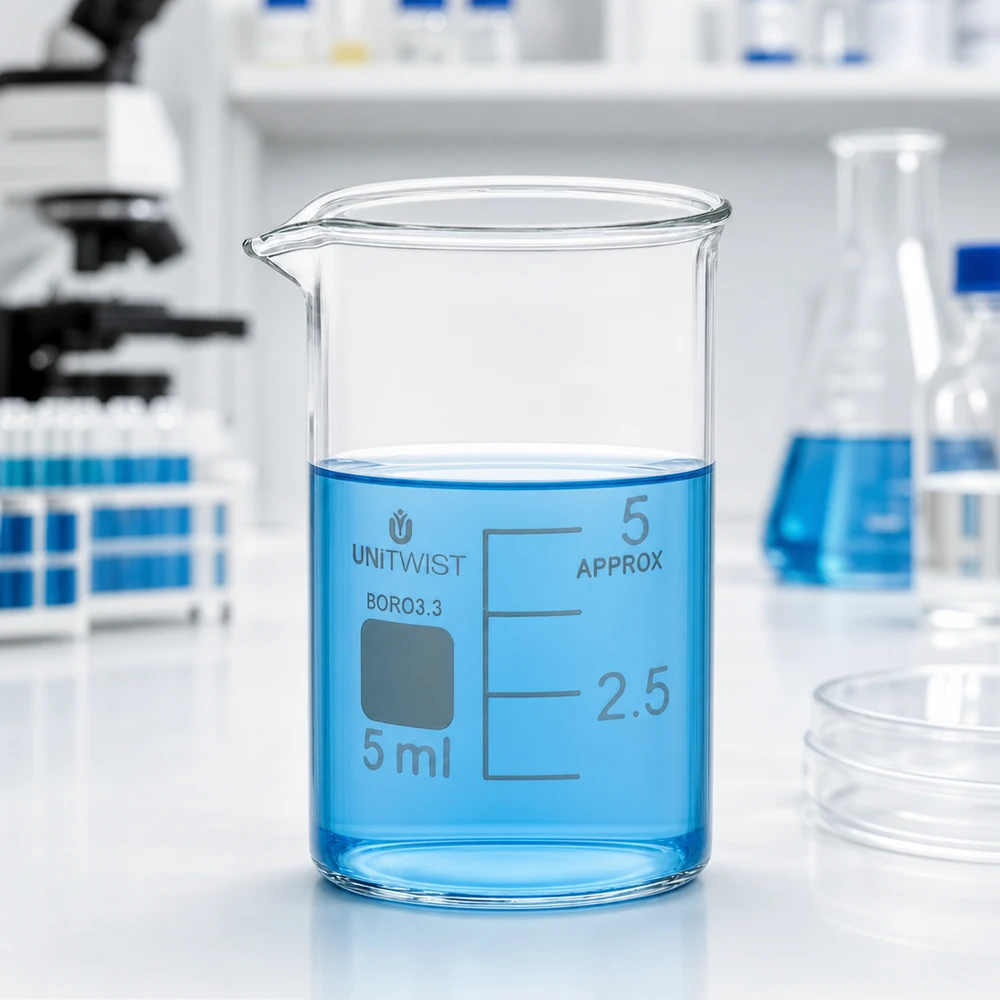Bécher 5ml borosilicate, forme basse UNiTWIST Bécher transparent en verre borosilicaté de 5 ml destiné aux applications de laboratoire et aux expériences chimiques