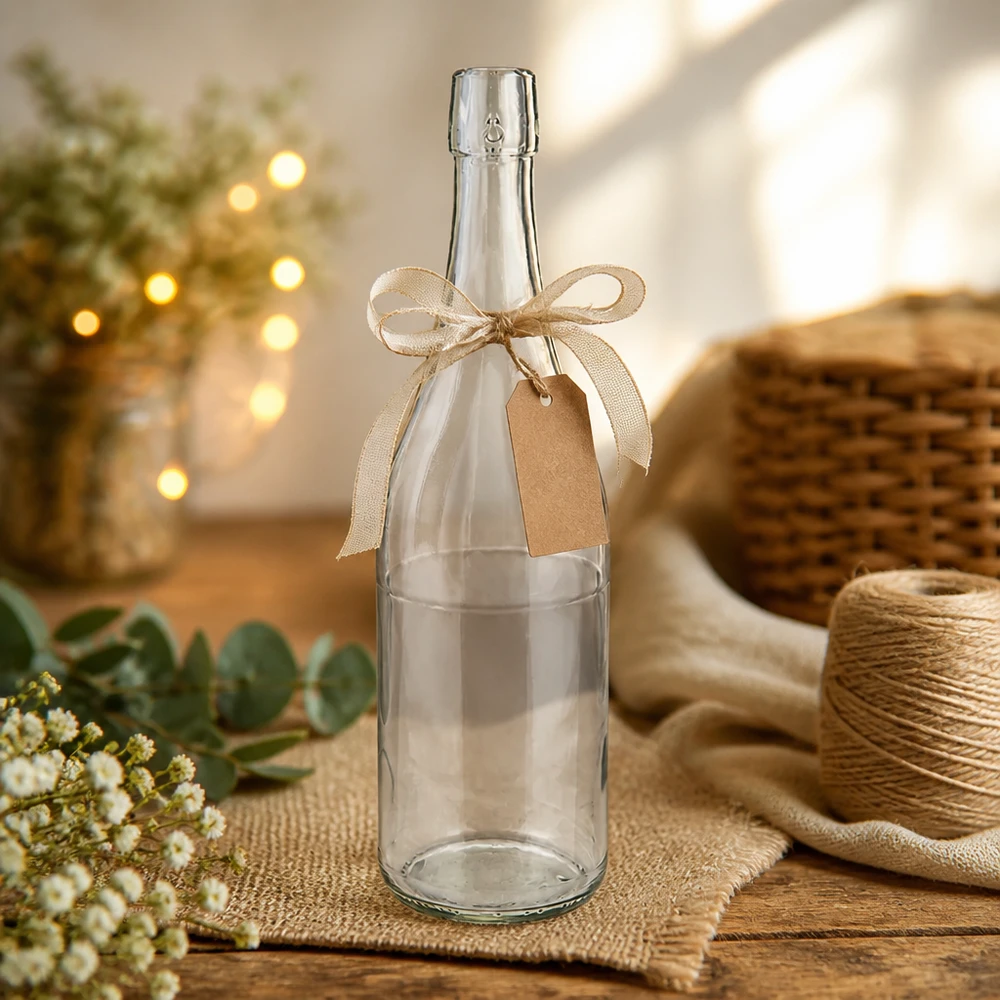 Bouteille en verre de 750 ml sans bouchon mécanique UNiTWIST Bouteille en verre 750ml UNiTWIST décorée avec un ruban et une étiquette cadeau mise en scène rustique Matériel de bricolage Jute