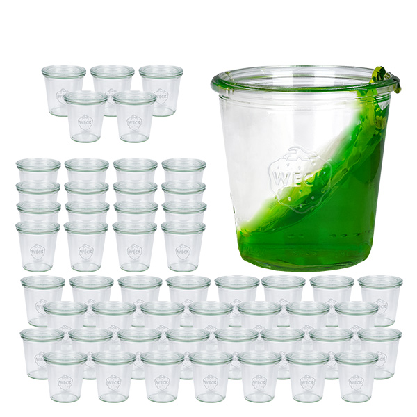 Jeu de 48 pots Weck 290ml de haut, 1/5L avec 48 pots en verre Jeu de 48 pots Weck 290ml de haut, 1/5L avec 48 pots en verre