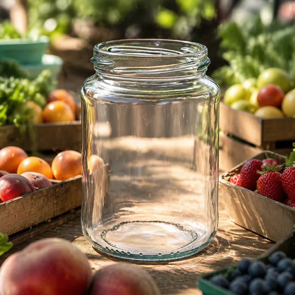 382ml Verre rond sans couvercle (TO66) UNiTWIST Bocal rond vide UNiTWIST Runda382 382ml TO66 Pot de conservation sur table en bois avec fruits et légumes frais en arrière-plan