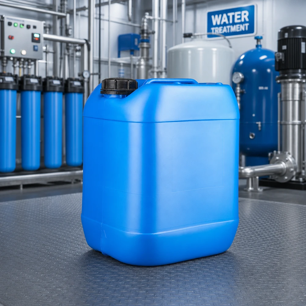 Bidon rectangulaire en plastique de 20 L, bleu, destiné au traitement de l'eau et aux produits chimiques