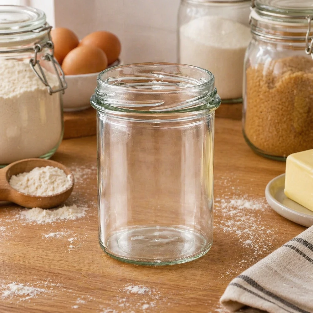 230ml Verre conique sans couvercle (TO66) UNiTWIST UNiTWIST Sturz230 Verre renversé 230ml TO66 vide sur table en bois entre les ingrédients de cuisson, la farine, les œufs et les bocaux de conservation