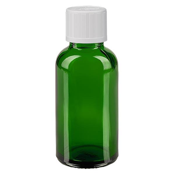 Flacon à pharmacie vert 30ml bouchon à vis blanc sécurité enfant standard