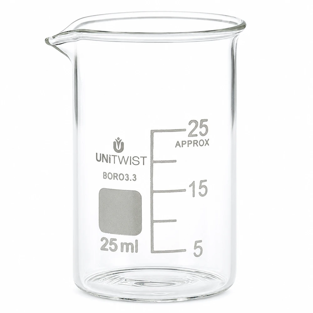 Bécher 25ml borosilicate, forme basse UNiTWIST Bécher en borosilicate, forme basse, 25 ml, UNiTWIST, résistant à la chaleur, pour applications chimiques