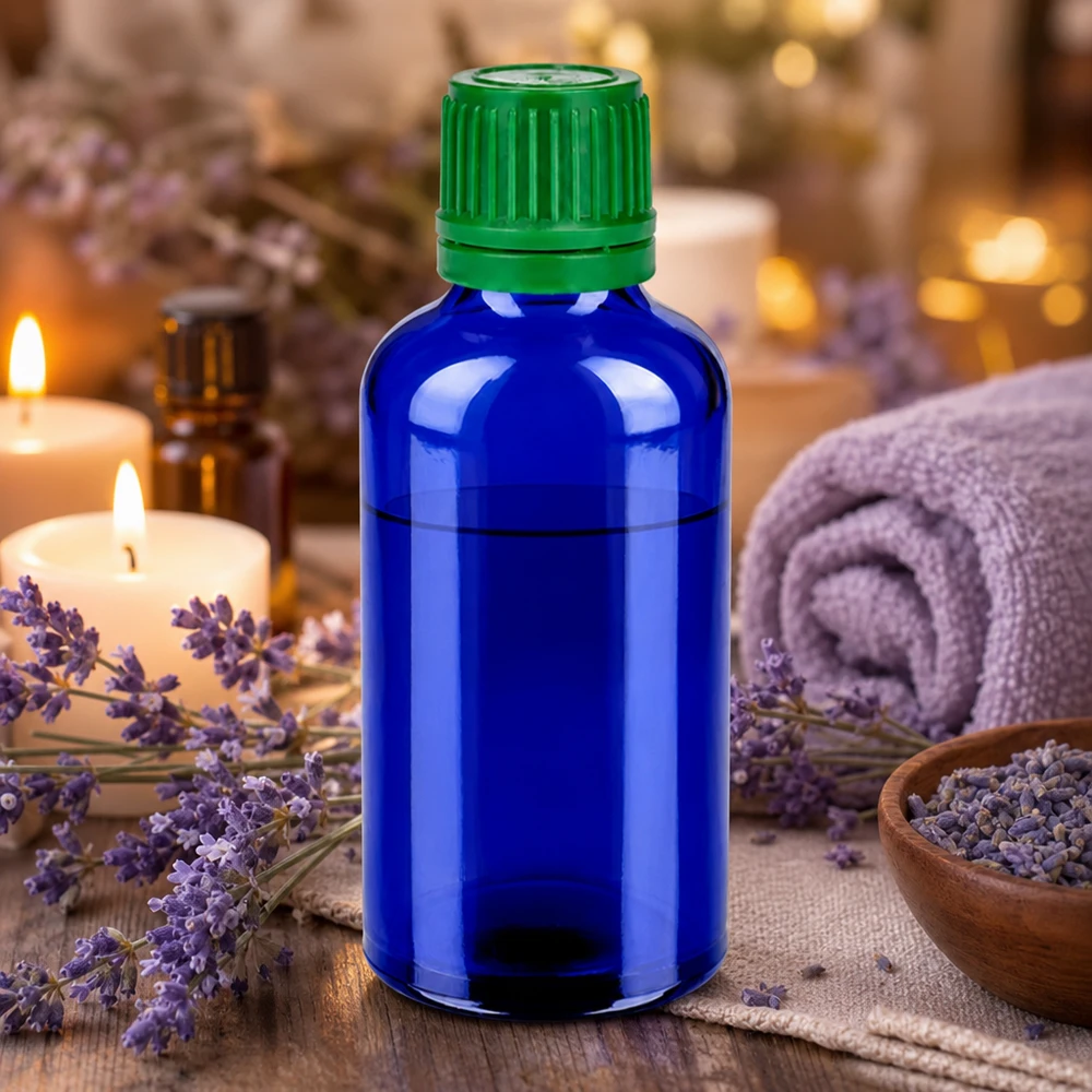 Flacon 50ml 11mm SV vert OV BlueLine UT18/50 Flacon en verre bleu robuste de 50 ml avec bouchon vert à l'épreuve des enfants pour une conservation en toute sécurité