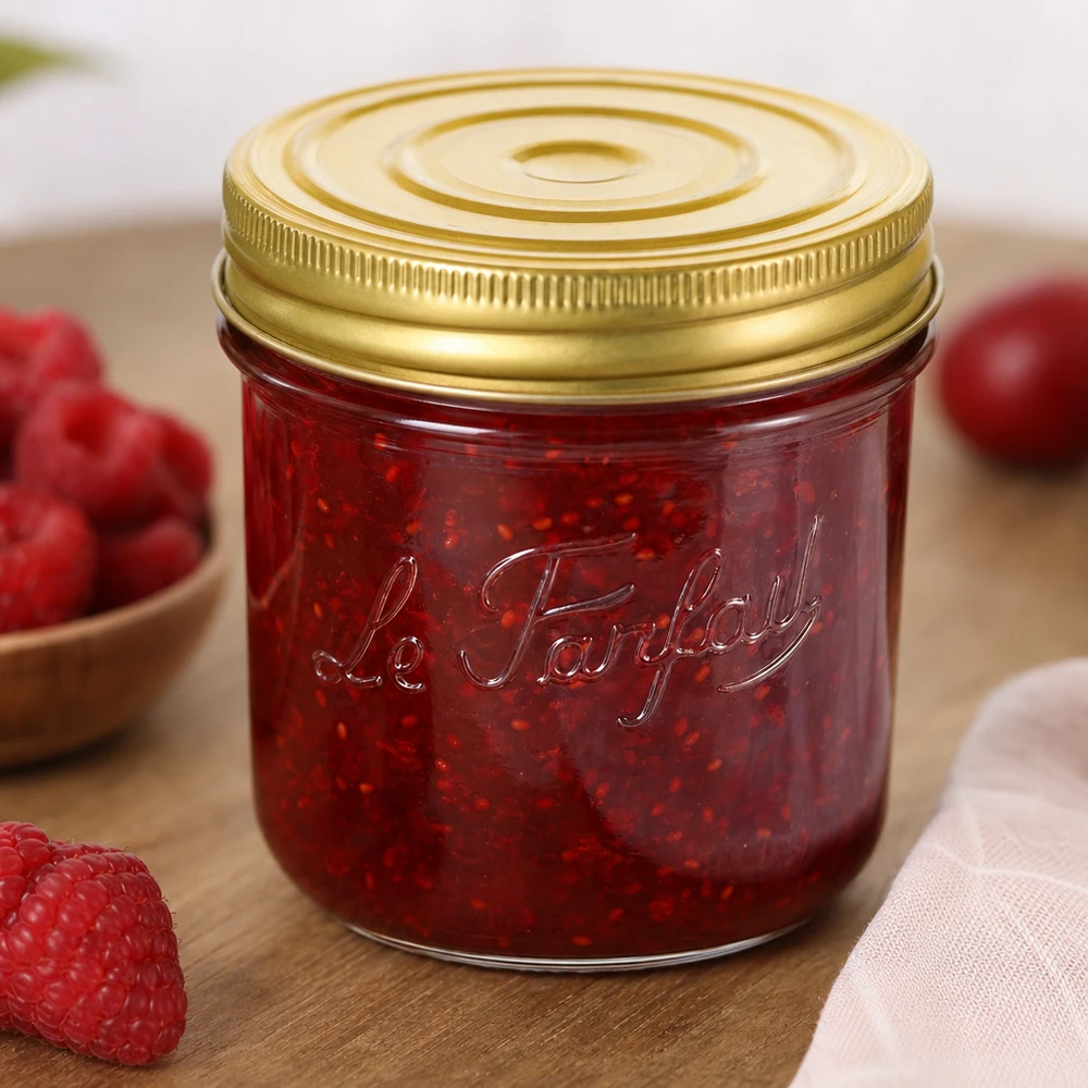 Le Parfait® Familia Wiss 350 g Ø100 mm bocal 415ml pot Familia Wiss avec couvercle doré rempli de confiture rouge à côté de fraises fraîches sur table en bois