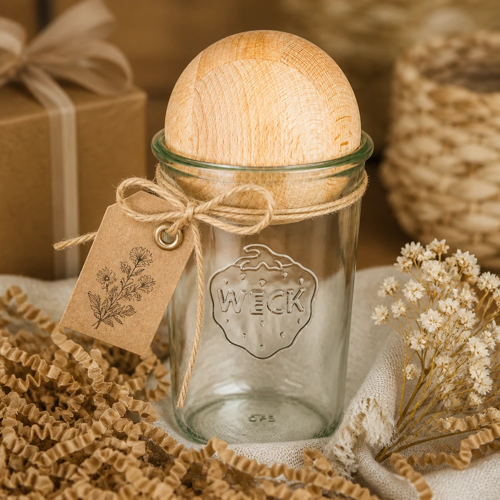 WECK RR100 Verre renversé 850ml avec boule en bois de hêtre comme idée de cadeau, décoré avec du papier de bricolage et des fleurs séchées