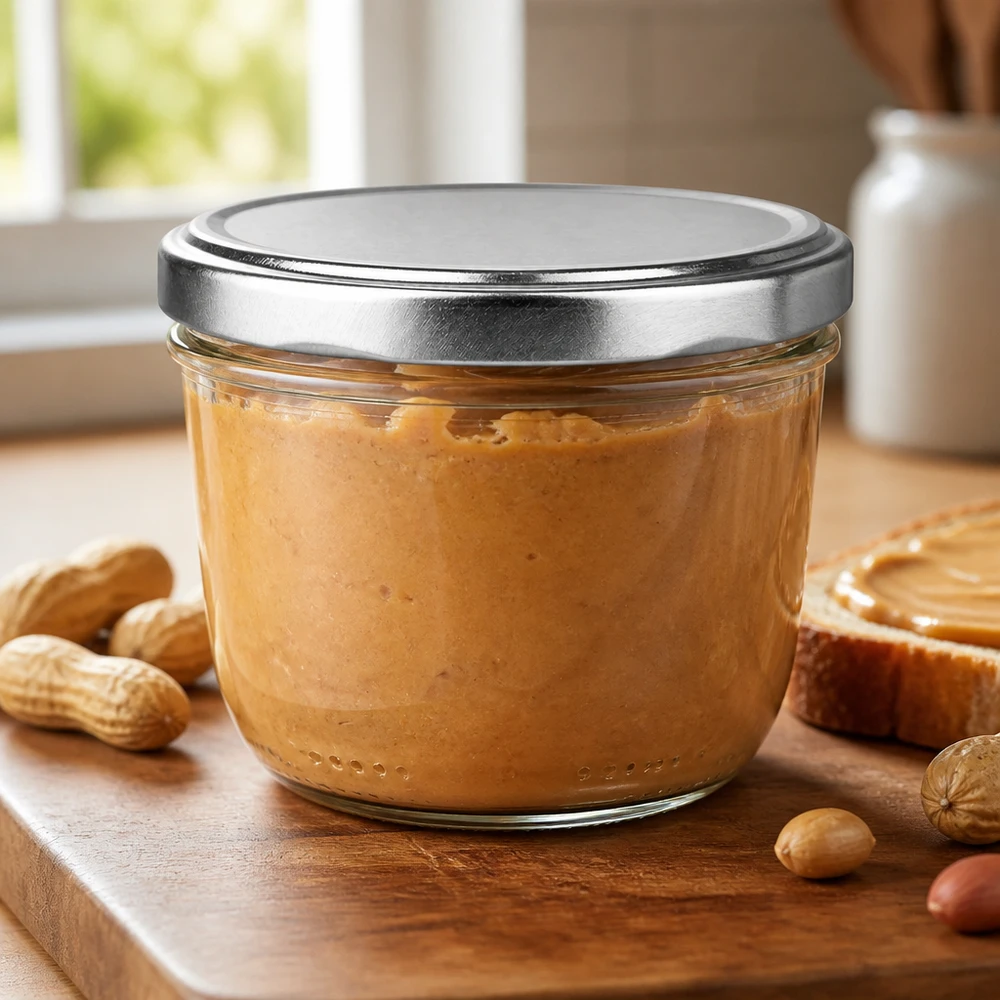 230ml Verre conique avec couvercle BasicSeal argent UNiTWIST Pot renversé de 230 ml avec couvercle BasicSeal argenté rempli de beurre de cacahuètes entouré de noix sur une planche en bois