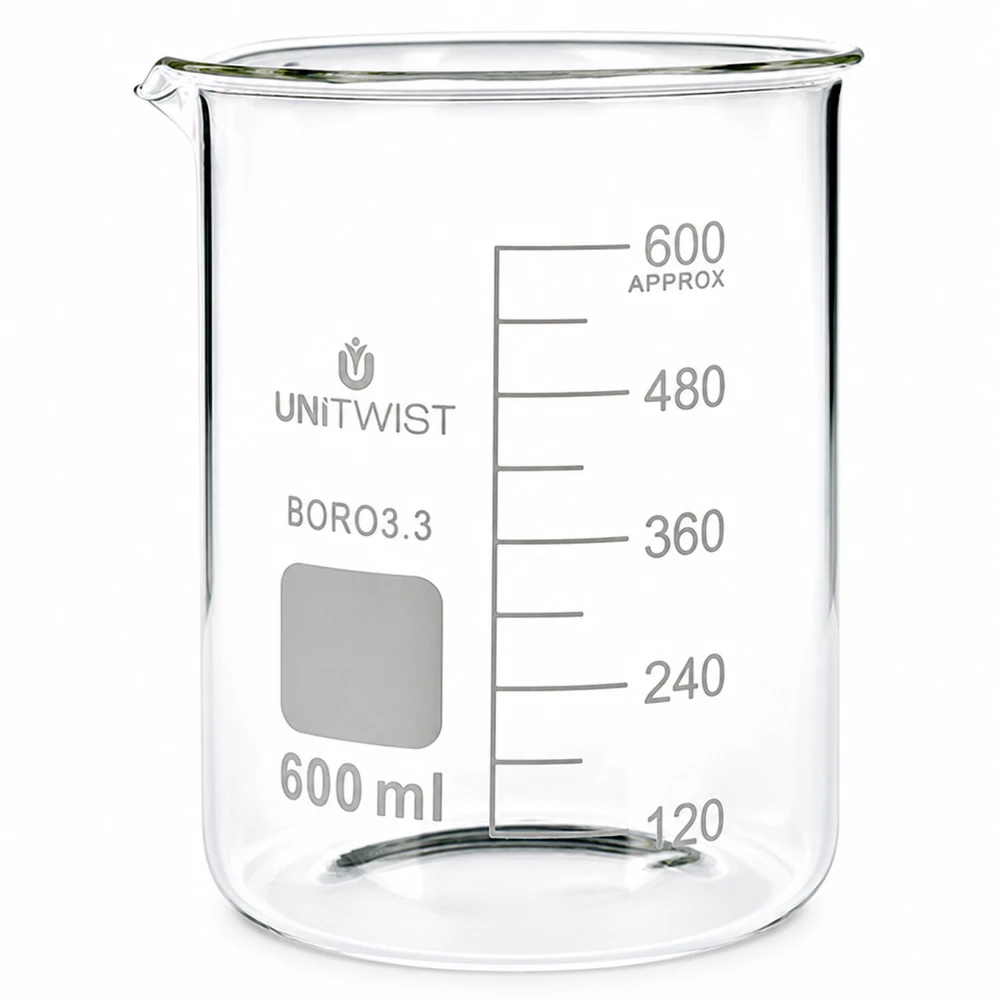 Bécher 600ml borosilicate, forme basse UNiTWIST Bécher de laboratoire de 600 ml avec graduation jusqu'à 600 ml, en borosilicate 3.3, à poignée basse