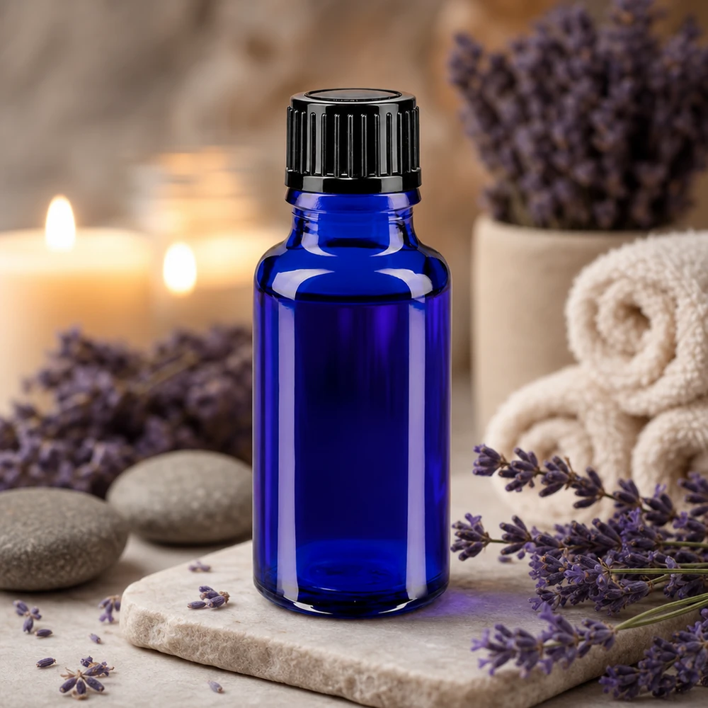 Flacon à pharmacie bleu 20ml bouchon compte-gouttes 1mm noir standard Flacon en verre d'apothicaire bleu de 20 ml pour huiles essentielles, avec bouchon doseur noir de 1 mm