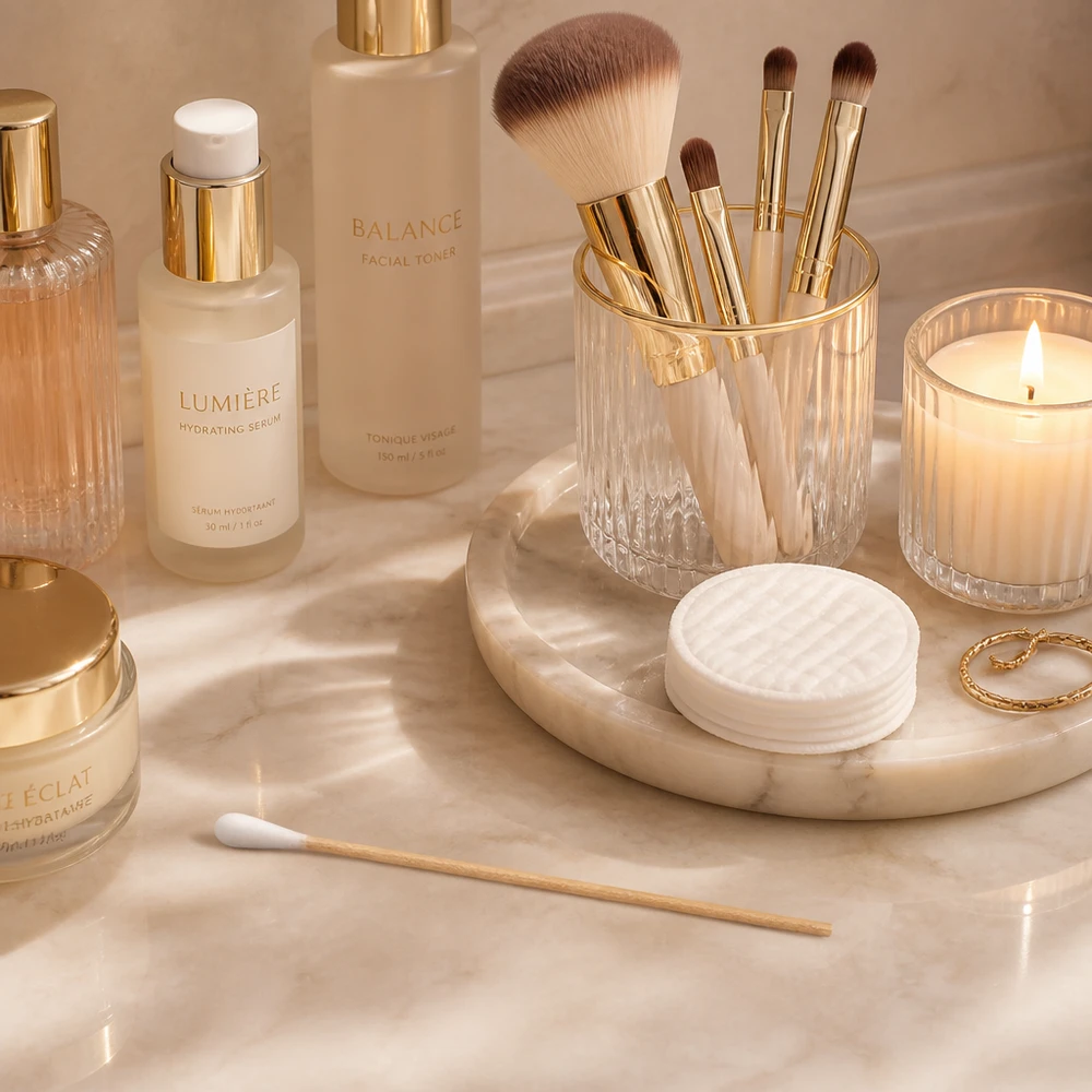 Écouvillon NON STÉRILE Cotons-tiges naturels non stériles présentés sur un élégant plateau en marbre, dans un décor luxueux de type « flat lay » dédié à la beauté