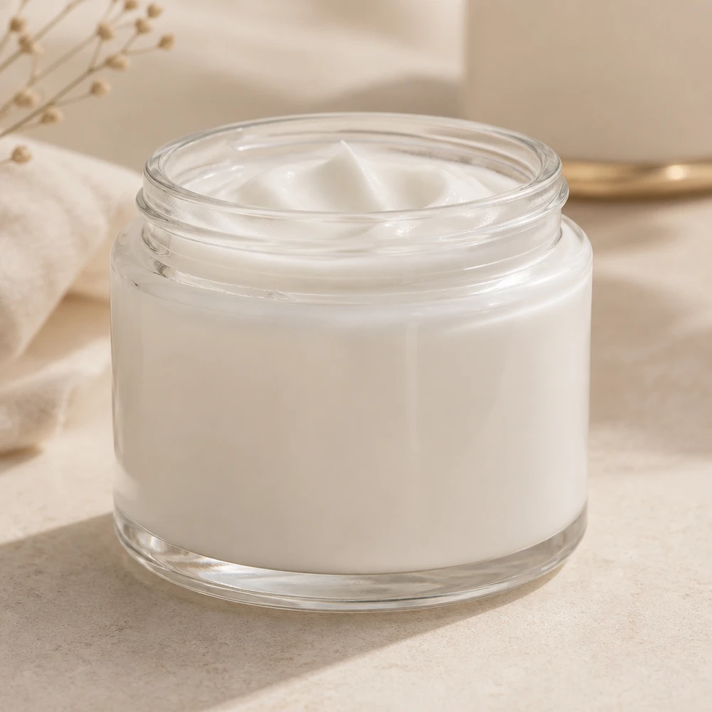 Pot en verre transparent 250ml Détail sans couvercle pour cosmétiques et pommades Vue rapprochée