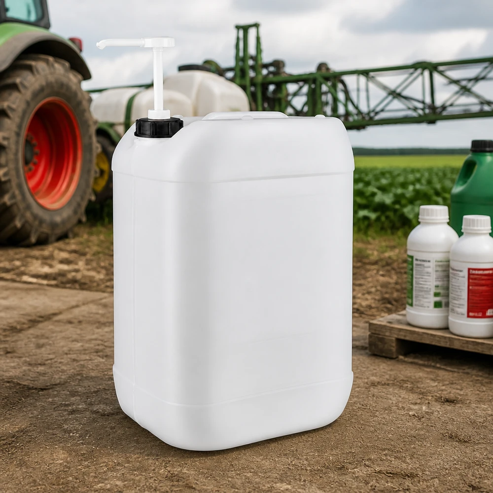 Jerrican de 25 litres avec pompe doseuse Bidon en plastique transparent de 25 litres avec pompe, destiné aux produits phytosanitaires pour une utilisation en extérieur