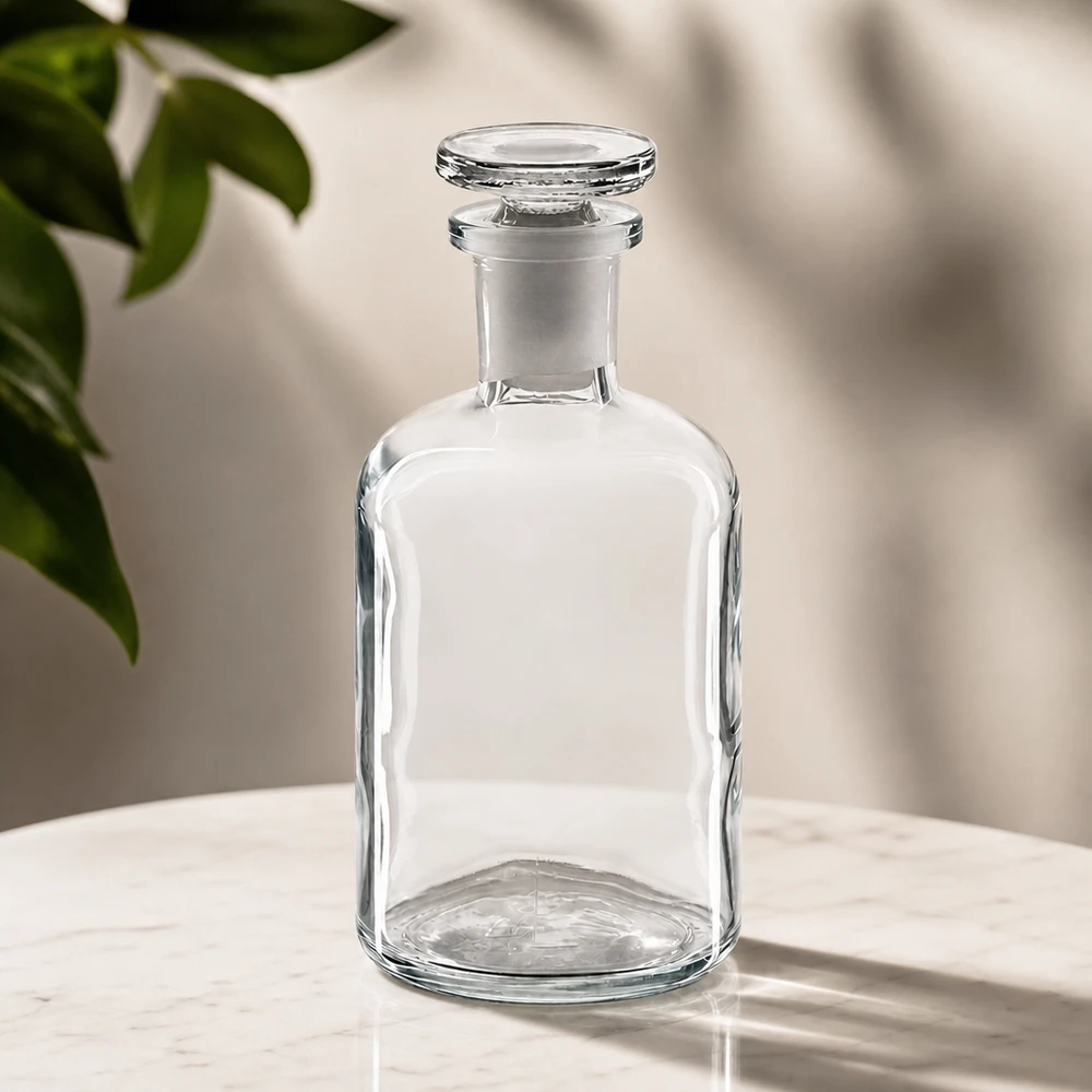 Flacon pharmaceutique 100 ml col étroit en verre clair + bouchon Flacon de pharmacie en verre transparent de 100 ml avec bouchon taillé, flacon de conservation à col étroit