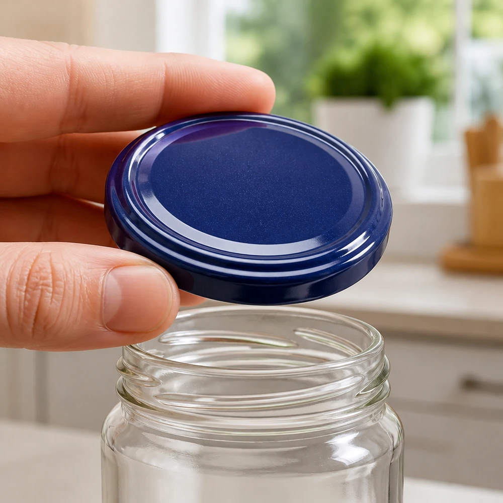 Couvercle BasicSeal 82 mm bleu (TO82) UNiTWIST Couvercle de conserve bleu de 82 mm avec filetage à vis sur la face inférieure, adapté au bord du bocal – UNiTWIST BasicSeal