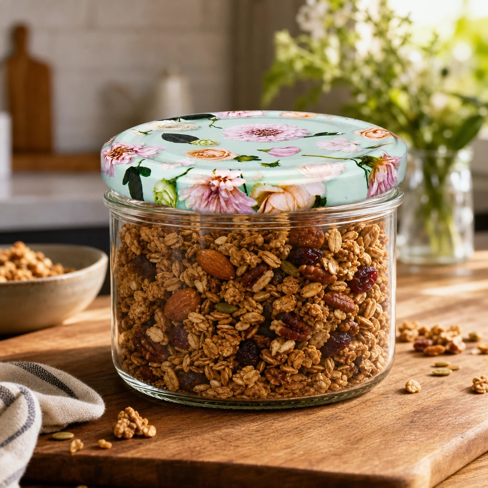 Pot cylindrique de 230 ml + couvercle BasicSeal en forme de fleur de menthe Céréales en pot cylindrique de 230ml avec couvercle BasicSeal fleur menthe sur planche en bois - pot de conservation pour décoration de cuisine