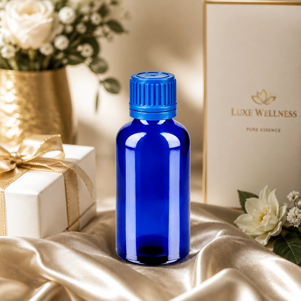 Flacon 50ml 11mm SV bleu OV BlueLine UT18/50 Bouteille élégante de 50 ml bleu saphir au design ergonomique pour le bien-être et les soins de beauté