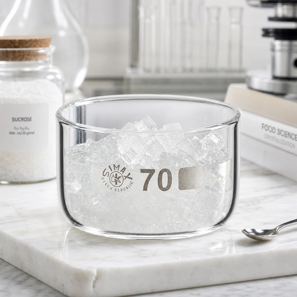 Coupelle de cristallisation Simax de 100 ml, fabriquée en République tchèque, posée sur du marbre à côté du livre « Food Science Crystallization »