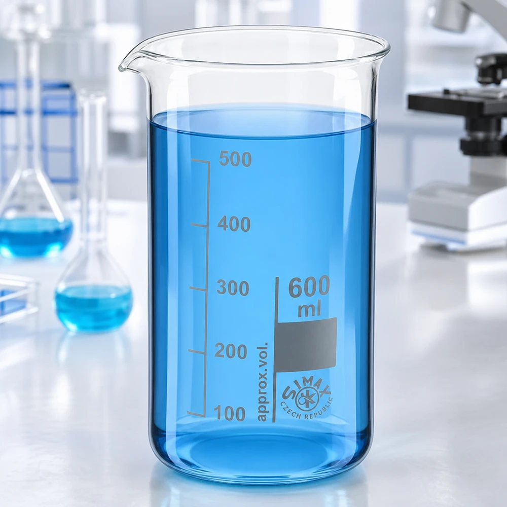 Bécher 600ml en verre borosilicate résistant à la chaleur (forme haute) Bécher de chimie de 600 ml, modèle haut, en verre borosilicaté résistant à la chaleur, pour laboratoire et école