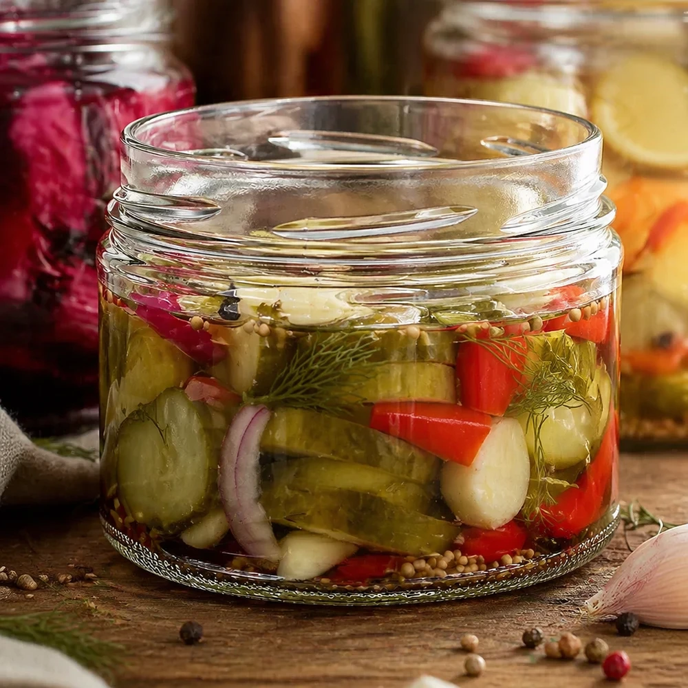 540ml Verre rond sans couvercle (TO100) UNiTWIST UNiTWIST Runda540 Verre renversé 540ml TO100 avec légumes marinés Concombres Poivrons Oignons Aneth Conserves de pickles