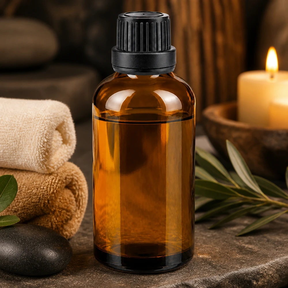 Flacon en verre ambré de 50 ml avec bouchon à vis, présenté dans une ambiance spa relaxante avec une bougie et des serviettes