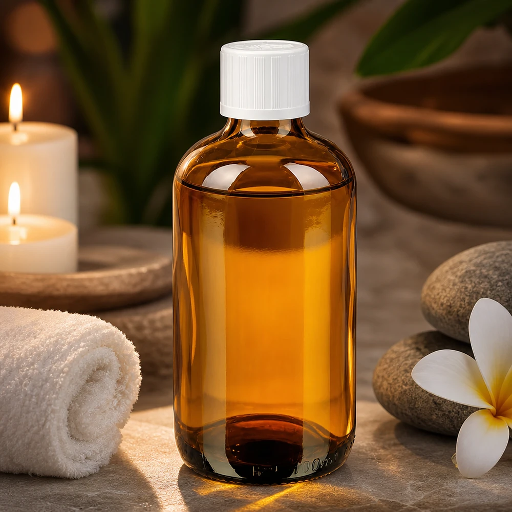 Flacon en verre ambré de 100 ml, vendu en pharmacie, muni d'un bouchon de sécurité pour enfants, à côté d'une fleur de plumeria et de pierres