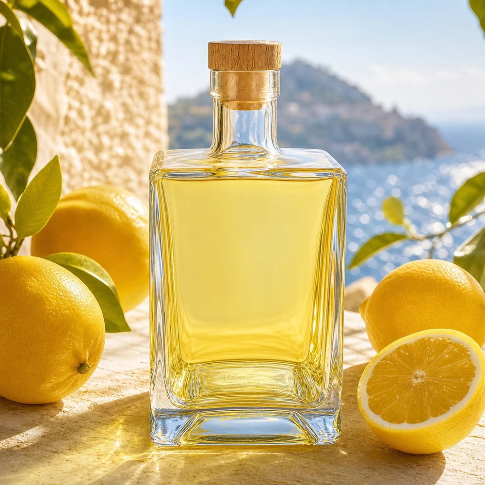 Bouteille en verre 700 ml « Ben » avec bouchon en bois UNiTWIST® Bouteille en verre Ben de 700 ml remplie de liqueur jaune entre des citrons dans un décor méditerranéen avec bouchon en liège
