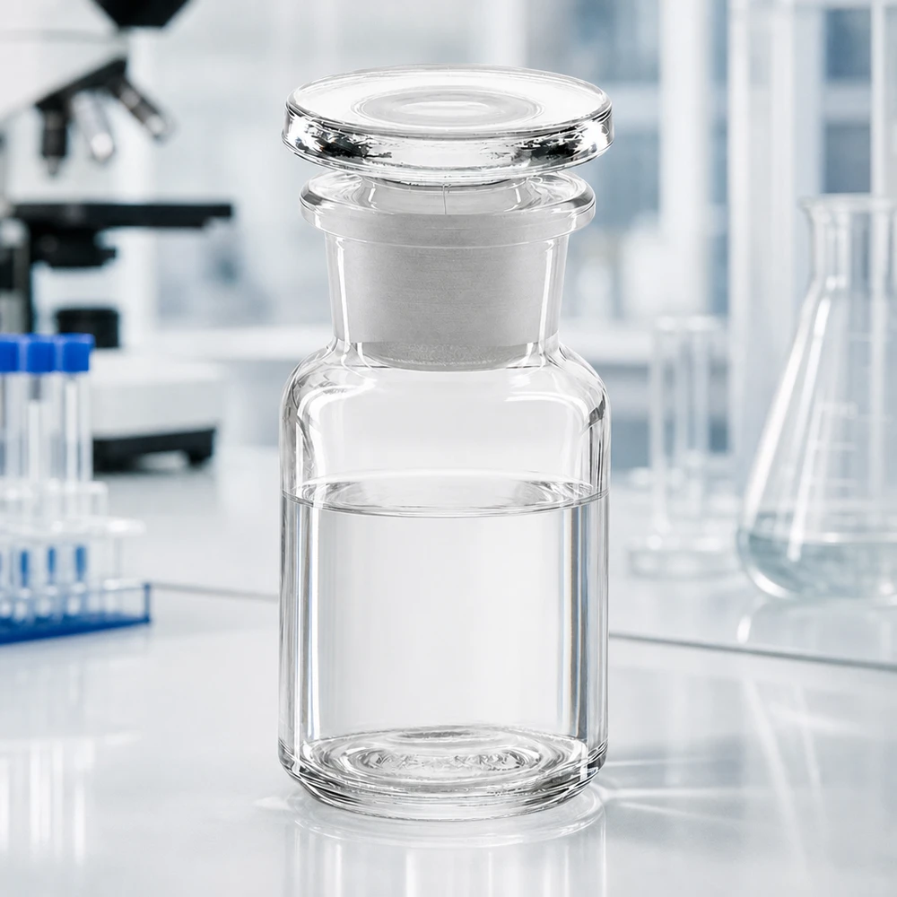 Flacon pharmaceutique 50 ml col large + bouchon verre clair Flacon en verre transparent à col large de 50 ml, muni d'un bouchon taillé, destiné aux applications de laboratoire en chimie