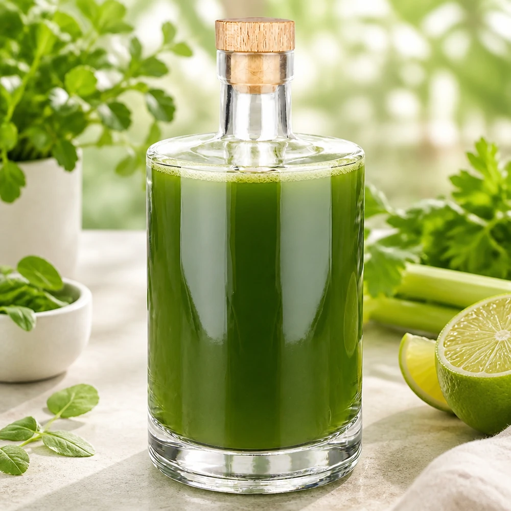 Bouteille en verre 700 ml « Marie » avec bouchon en bois UNiTWIST® 700ml Glasflasche Marie mit grünem Smoothie befüllt neben frischen Kräutern und Limetten in heller Küche