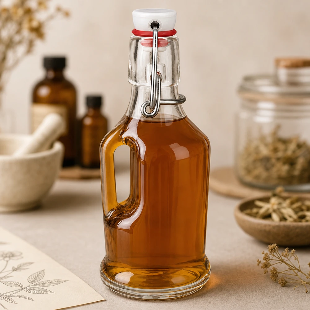 Bouteille en verre Bertha 200ml remplie d'ambre, scène de cuisine naturelle avec des herbes et des épices, bouchon UNiTWIST