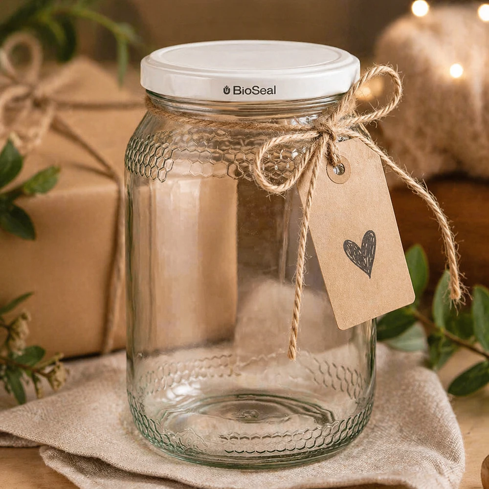 Pot de miel de 900 ml avec couvercle BioSeal et ficelle de jute comme emballage cadeau sur toile de lin avec pendentif en papier kraft