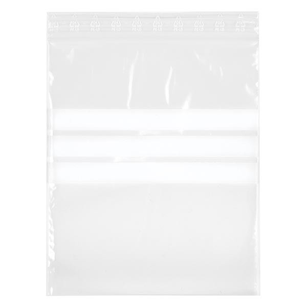 PolyZip avec zone d'écriture (paquet de 100) 90x110mm. En PE transparent 50µm. Aussi pour les aliments. Avec zone d'écriture & fermeture à pression Zip.