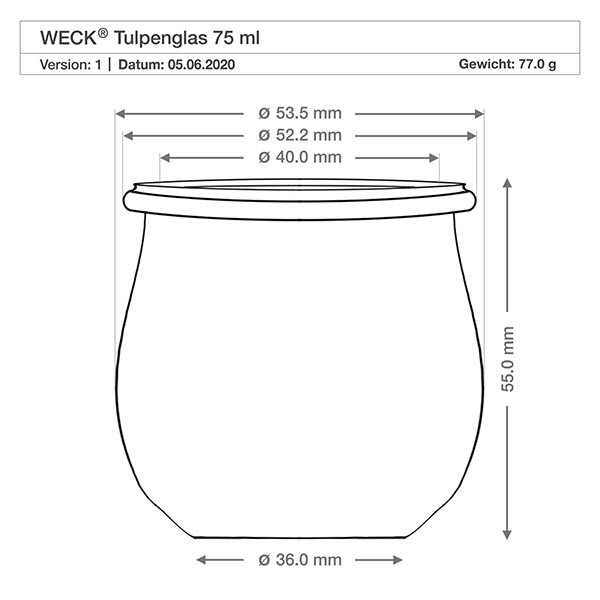 75ml bocal tulipe WECK RR40 avec bouchon nature Dessin technique WECK Pot tulipe 75ml RR40 avec dimensions Diamètre Hauteur Poids Spécification du produit
