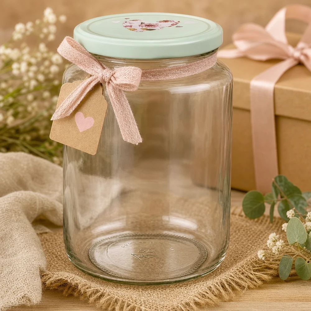 Pot rond de 795 ml + couvercle BasicSeal cur menthe UNiTWIST Verre rond de 795 ml avec couvercle à cœur BasicSeal menthe décoré d'un ruban rose et d'une étiquette cadeau comme idée de cadeau