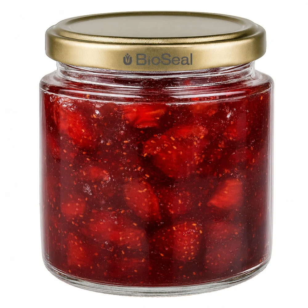 BioSeal pot de miel de 250ml avec confiture de fraise faite maison, couvercle doré UNiTWIST pour confiture et pâte à tartiner aux fruits