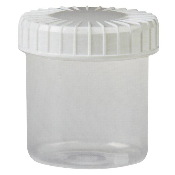 Pot en plastique transparent 75 ml + couvercle à vis blanc strié en PE, fermeture standard