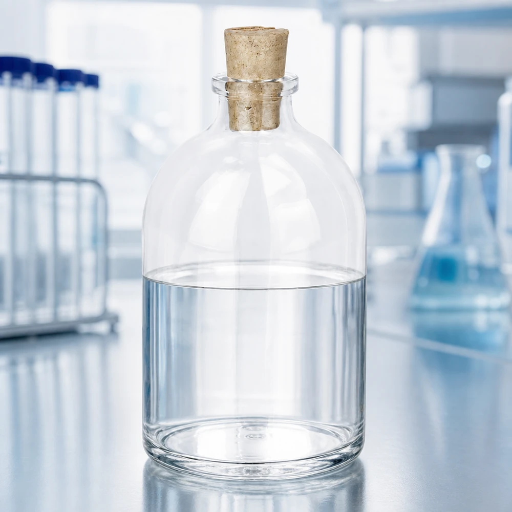 Flacon en verre clair 100 ml avec bouchon de liège 11/14 mm Handliche Glasflasche 100ml Korkverschluss auf Edelstahloberfläche in professioneller Laborumgebung