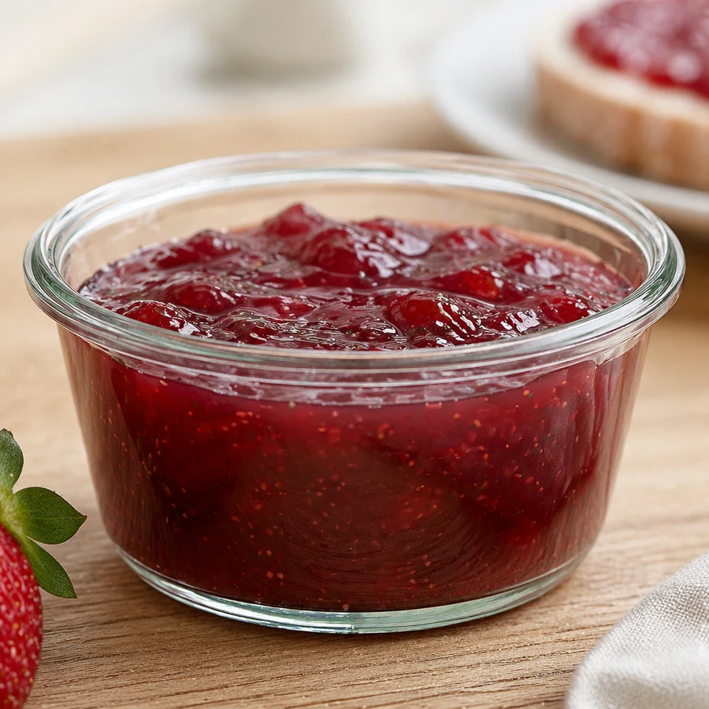 290ml bocal gourmet WECK RR100 WECK RR100 Pot gourmand de 290ml rempli de confiture de fraise sur une planche de cuisine à côté de la fraise et du pain avec la confiture
