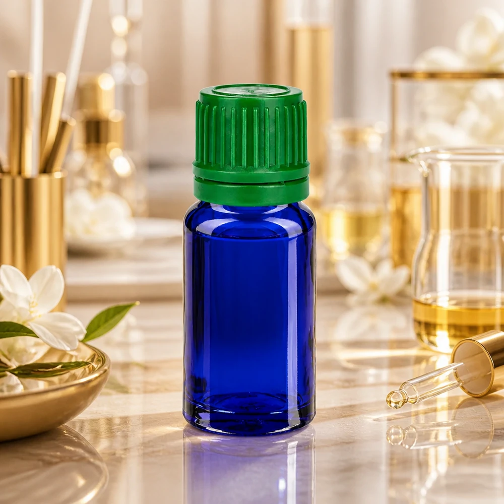 Flacon 10ml 11mm SV vert OV BlueLine UT18/10 Flacon professionnel en verre bleu de 10ml avec bouchon SV vert pour laboratoire et cosmétique