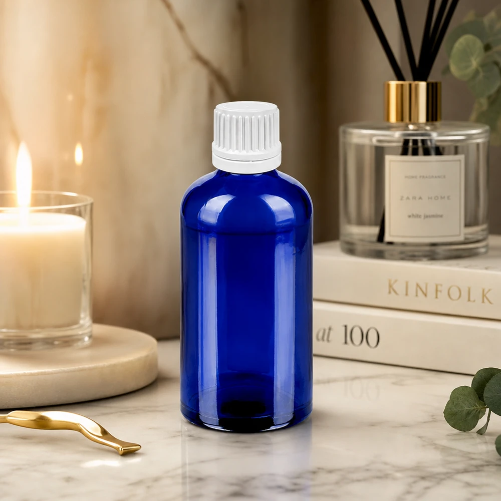 100ml flacon compte-gouttes 0.7mm blanc OV BlueLine UT18/100 Flacon compte-gouttes précis de 100 ml en verre au cobalt robuste avec bouchon blanc pour un dosage contrôlé