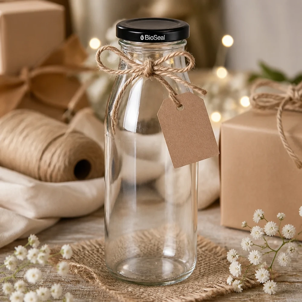 500ml Bouteille avec couvercle BioSeal noir UNiTWIST Bouteille en verre de 500 ml décorée avec de la ficelle de jute et une étiquette cadeau comme idée de cadeau à côté de matériel de bricolage