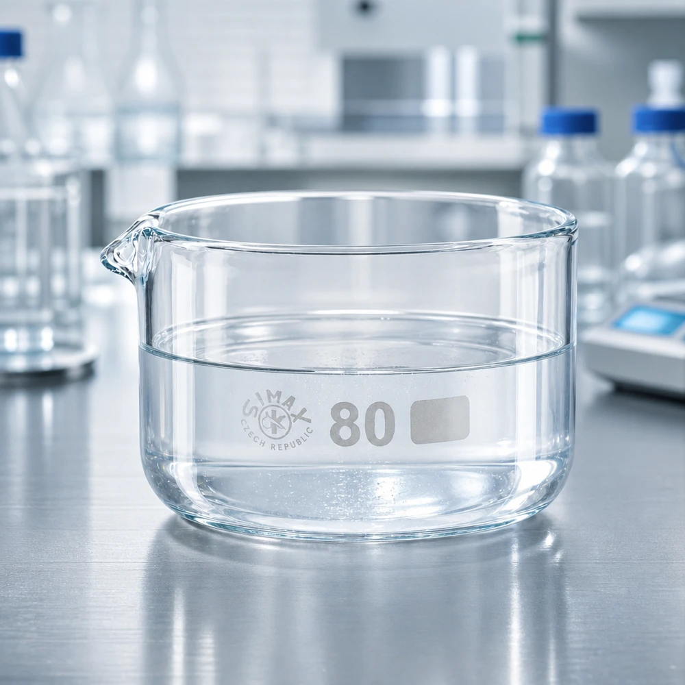 Coupelle de cristallisation 150 ml avec bec verseur Bol de cristallisation transparent de 150 ml, rempli d'eau claire et muni d'un bec verseur court, ø 80 mm, SIMAX
